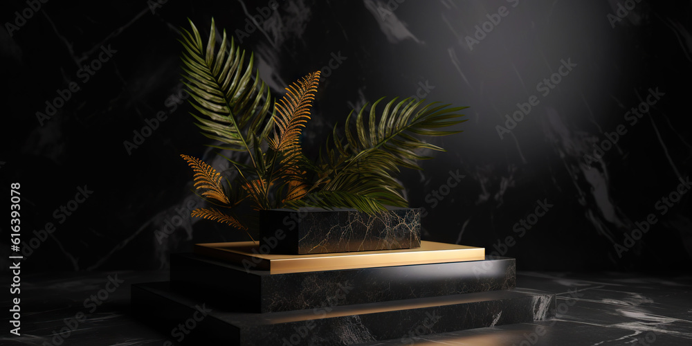 Podium made of black marble with gold, pedestal or platform. Advertising scene. Blank product stand.