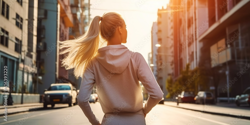 Woman running on city street. Urban workout. Generative AI