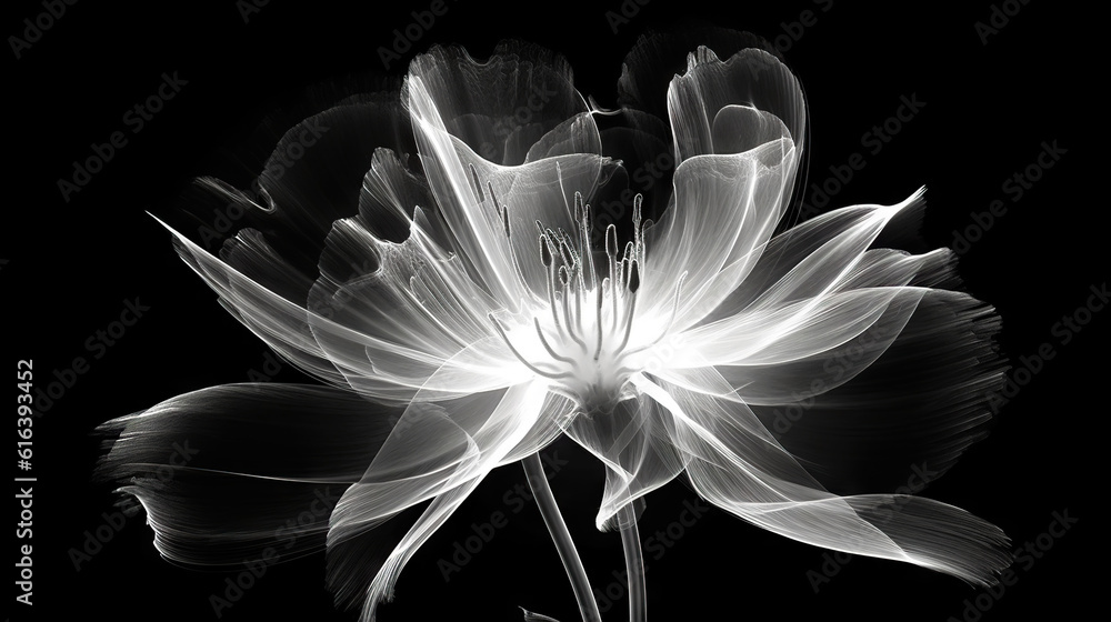 Monochrome x-ray image of a ethereal flower on black. Fantasy mystical blossom. Generative AI