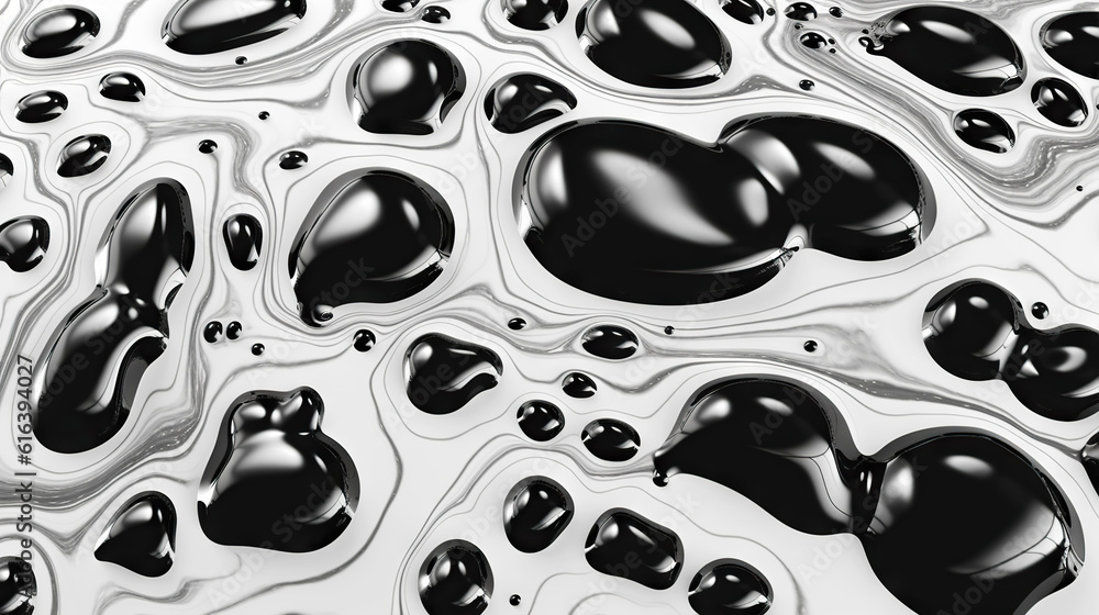 Abstract black paint drops mixed in white oil background. Non-mixing fluids pattern. Generative AI