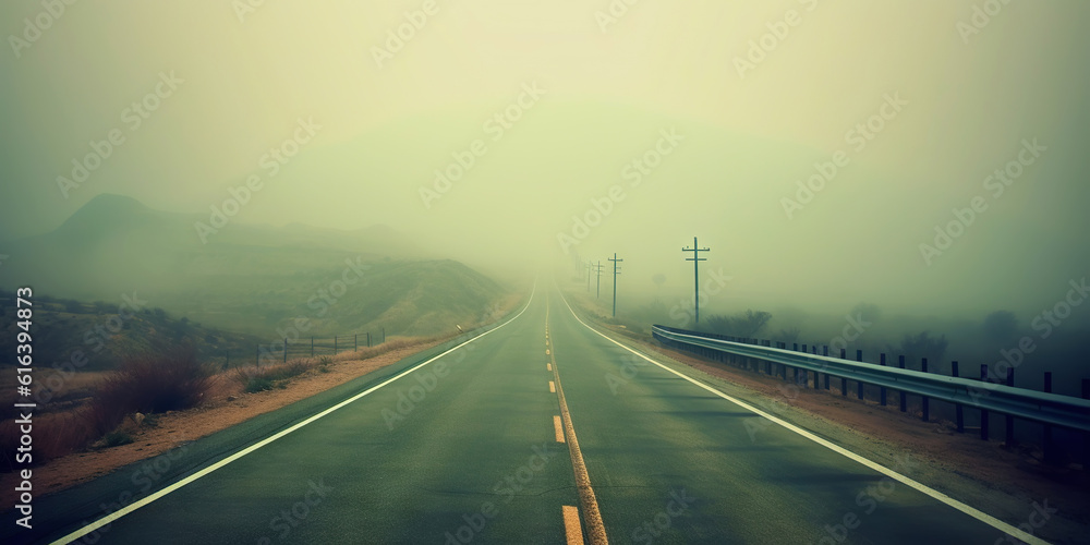 Misty empty road with trees on the side. Foggy highway. Mystery travel concept. Generative AI