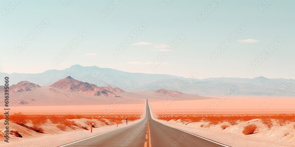 Minimalistic empty highway in desert. Travel concept. Generative AI