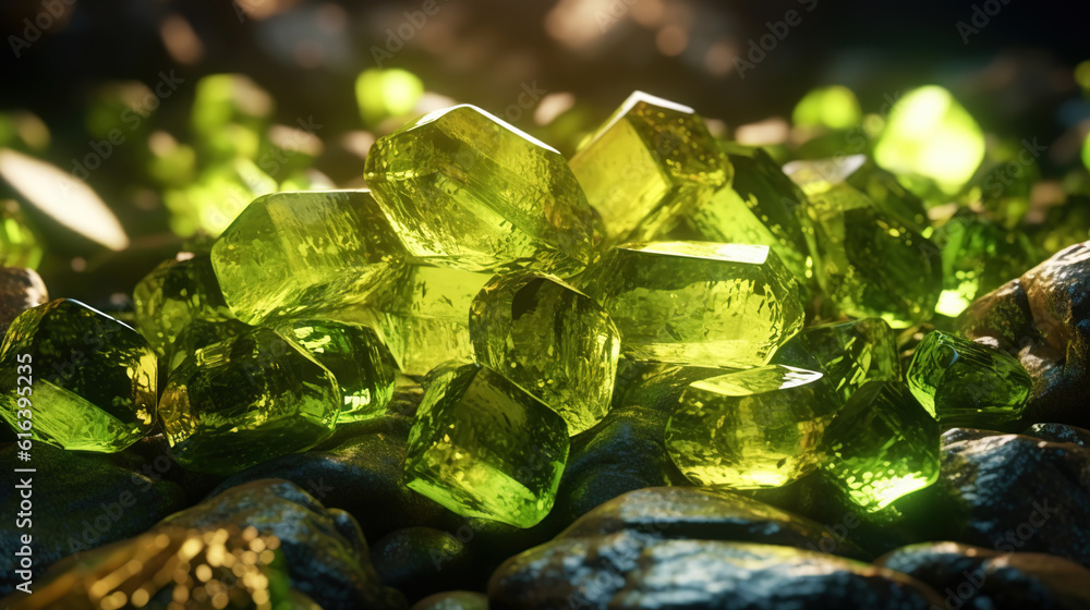 Amazing bright and shiny Olivine crystal cluster background. Jewel mineral detailed macro. Generativ