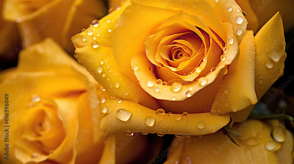 Yellow Roses flowers with water drops background. Closeup of blossom with glistening droplets. Gener