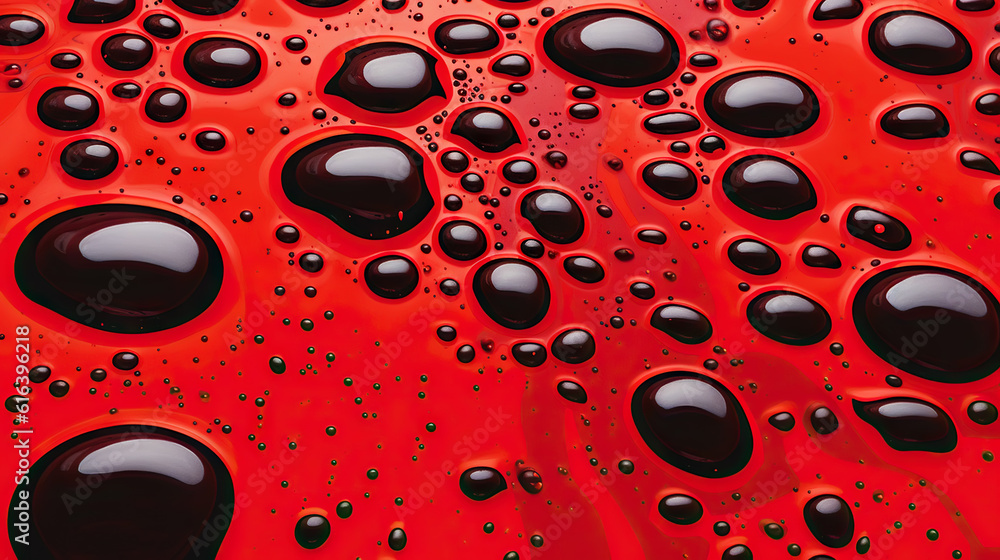 Abstract black paint drops mixed in red oil background. Non-mixing fluids pattern. Generative AI