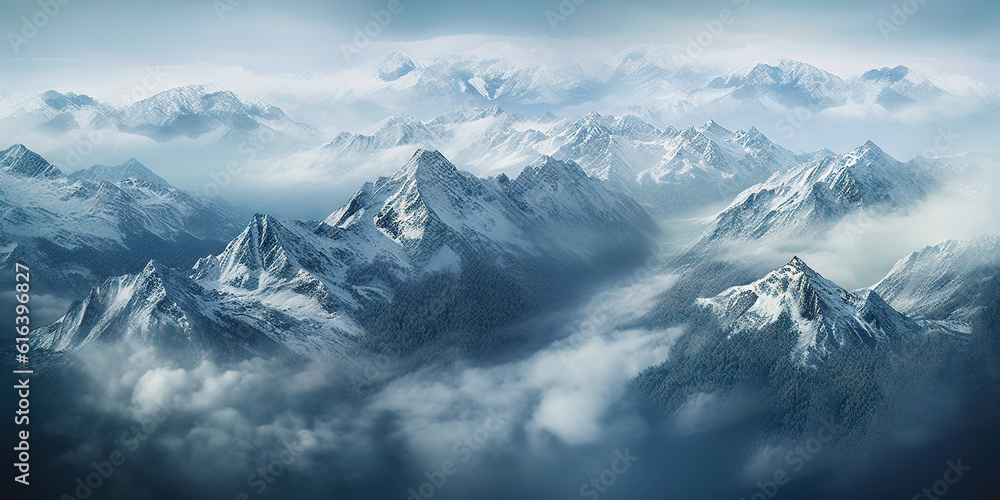 Dramatic snow-capped mountains landscape. Clouds and fog covers stone slopes. Generative AI