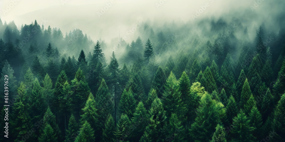 Misty landscape with fir forest in vintage retro style. Generative AI