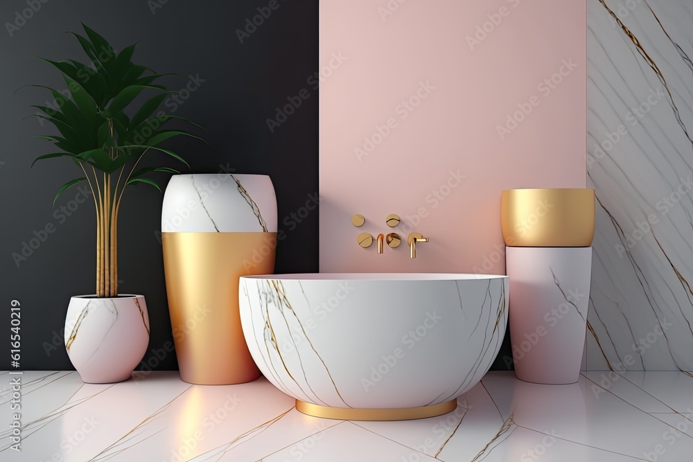 luxurious bathroom with a marble sink and gold accents. Generative AI