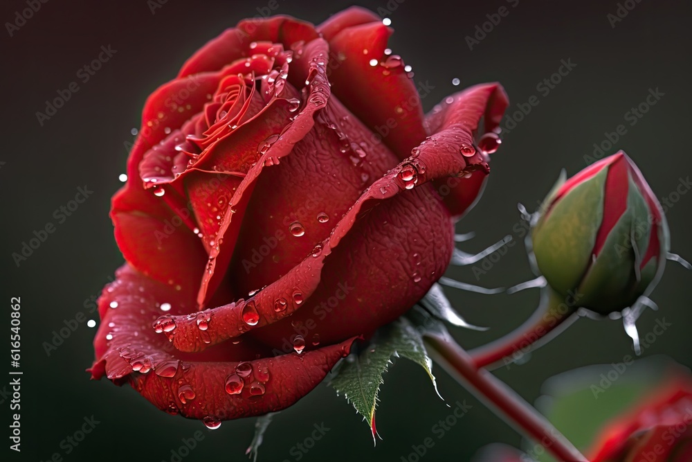 vibrant red rose covered in sparkling water droplets. Generative AI