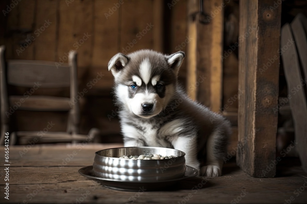 cute husky puppy happily eating its food out of a bowl. Generative AI