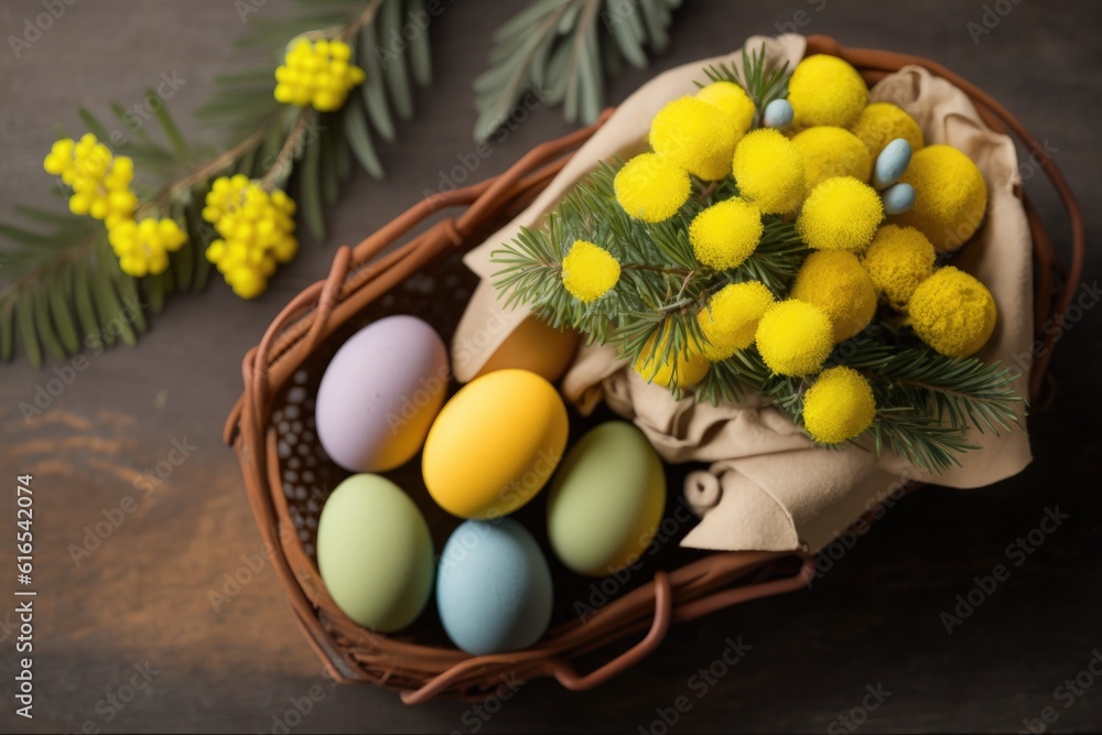 colorful Easter basket filled with eggs. Generative AI