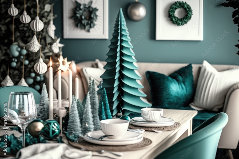 festive dining room table adorned with Christmas trees as centerpieces. Generative AI