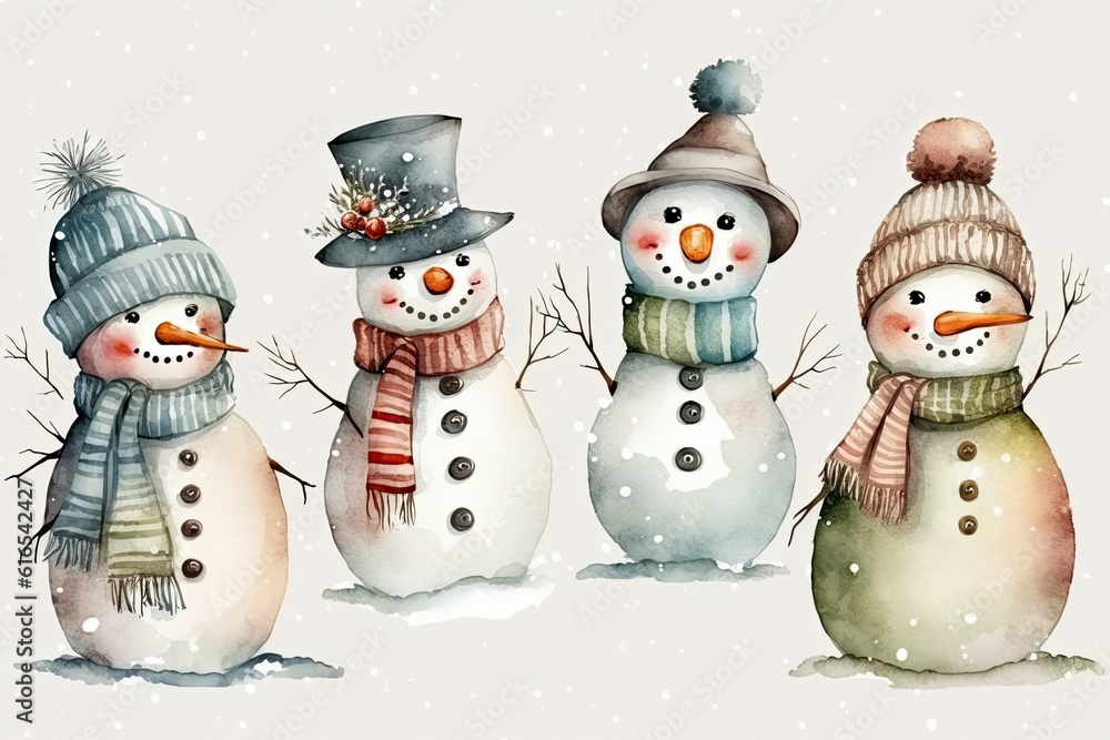 three snowmen standing together in a snowy landscape. Generative AI