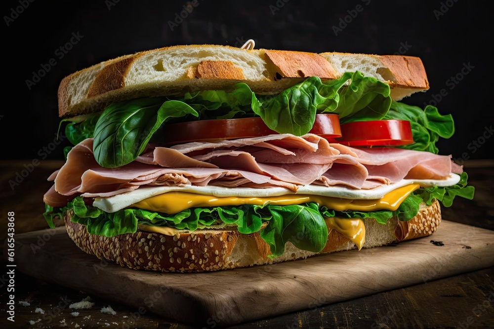 delicious sandwich with ham, cheese, lettuce, and tomato. Generative AI