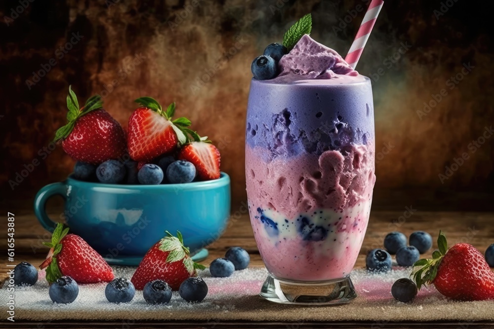 delicious glass of mixed berry ice cream topped with fresh strawberries and blueberries. Generative 