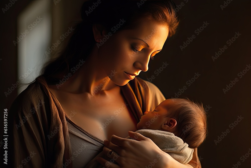 Mother hugging her baby with love and warmth at home, Newborn baby. Generative AI