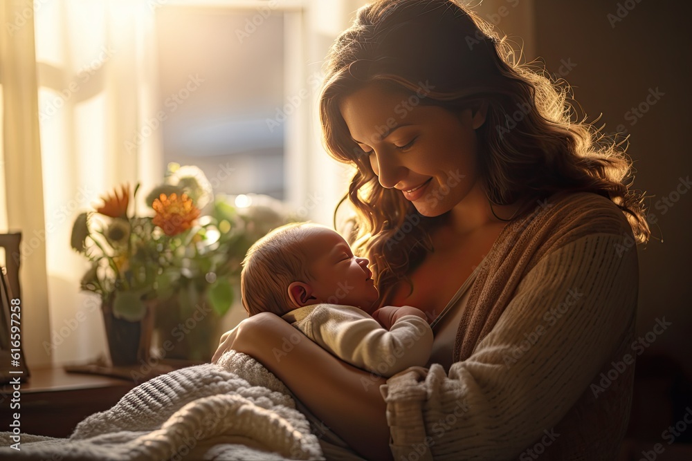 Mother hugging her baby with love and warmth at home, Newborn baby. Generative AI