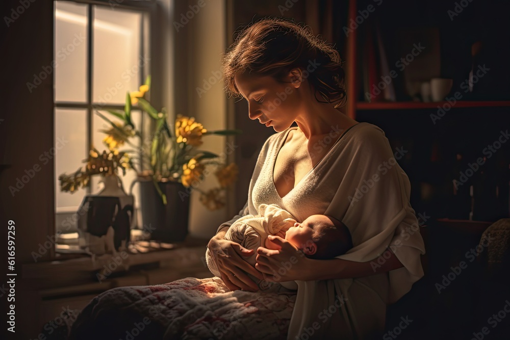 Mother hugging her baby with love and warmth at home, Newborn baby. Generative AI