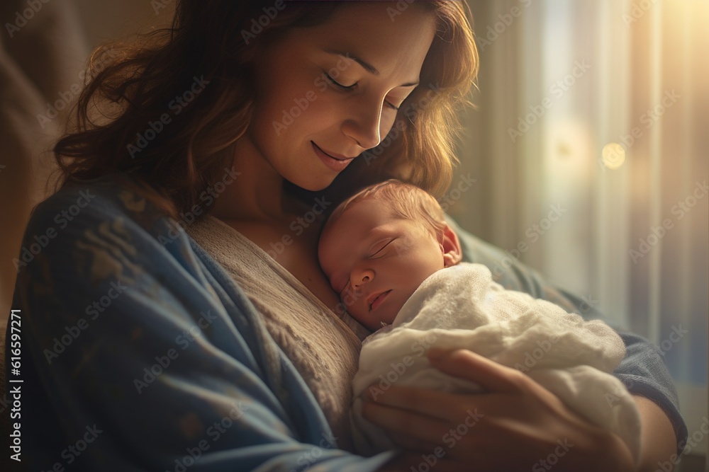 Mother hugging her baby with love and warmth at home, Newborn baby. Generative AI