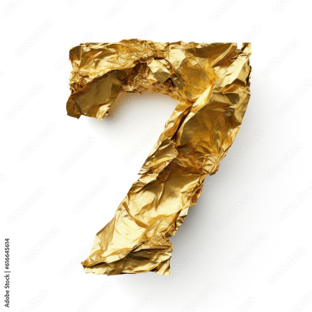 Сrumpled gold foil number 7 isolated. Illustration AI Generative.