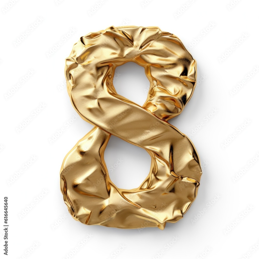 Сrumpled gold foil number 8 isolated. Illustration AI Generative.