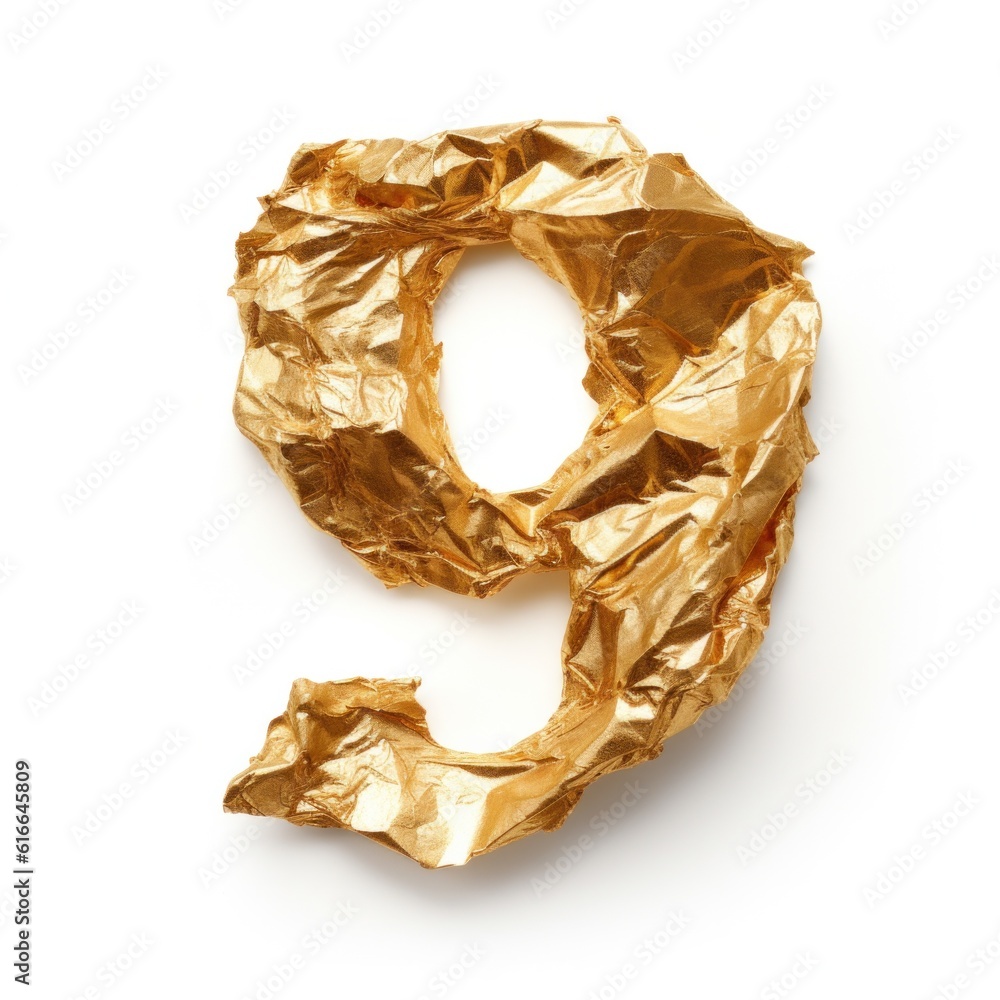 Сrumpled gold foil number 9 isolated. Illustration AI Generative.