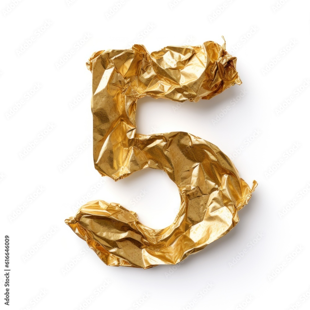 Сrumpled gold foil number 5 isolated. Illustration AI Generative.