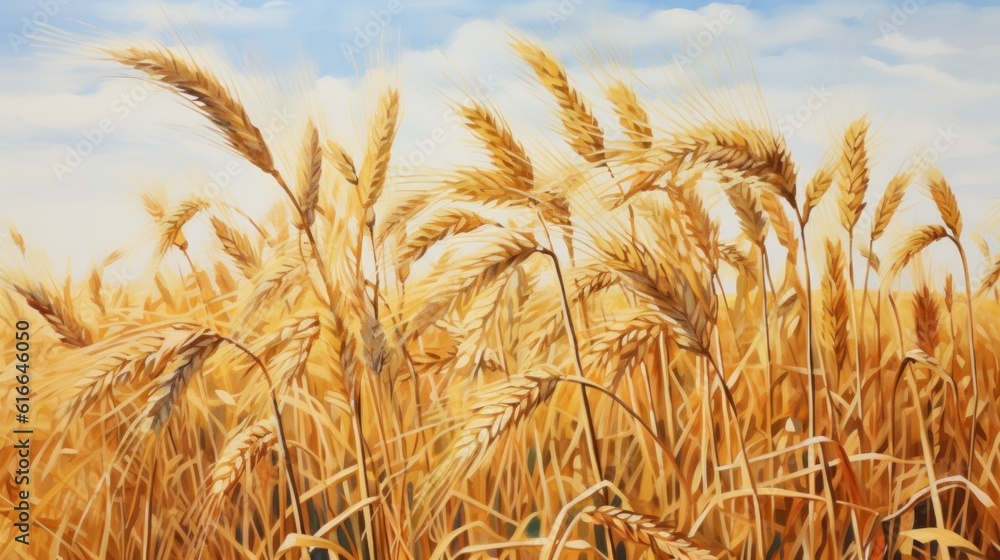 August fiels with wheat spikelets. Illustration AI Generative.