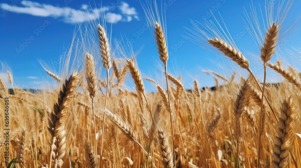 August fiels with wheat spikelets. Illustration AI Generative.