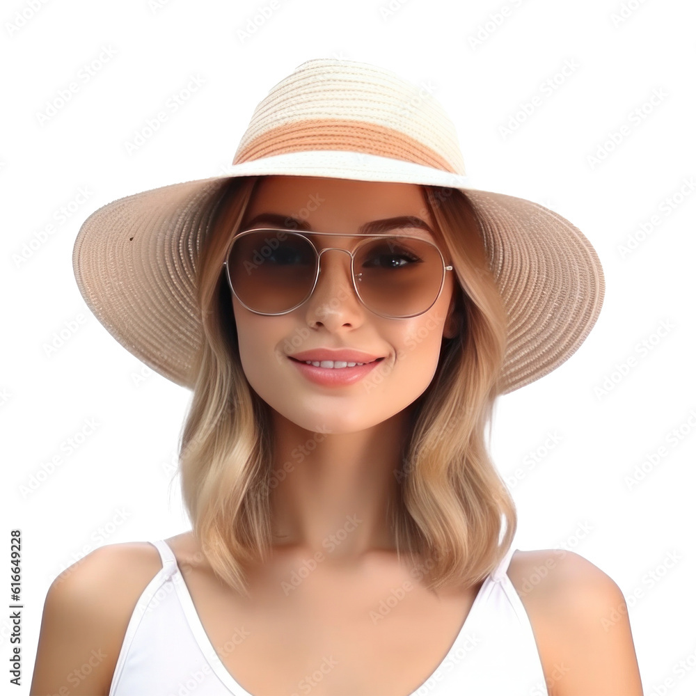 Beautiful girl with sunglasses and summer hat smiling isolated. Illustration AI Generative.