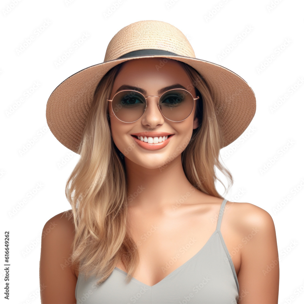 Beautiful girl with sunglasses and summer hat smiling isolated. Illustration AI Generative.