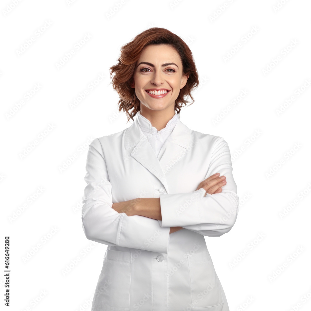 Photo of attractive doctor lady friendly smiling arms crossed. Illustration AI Generative.