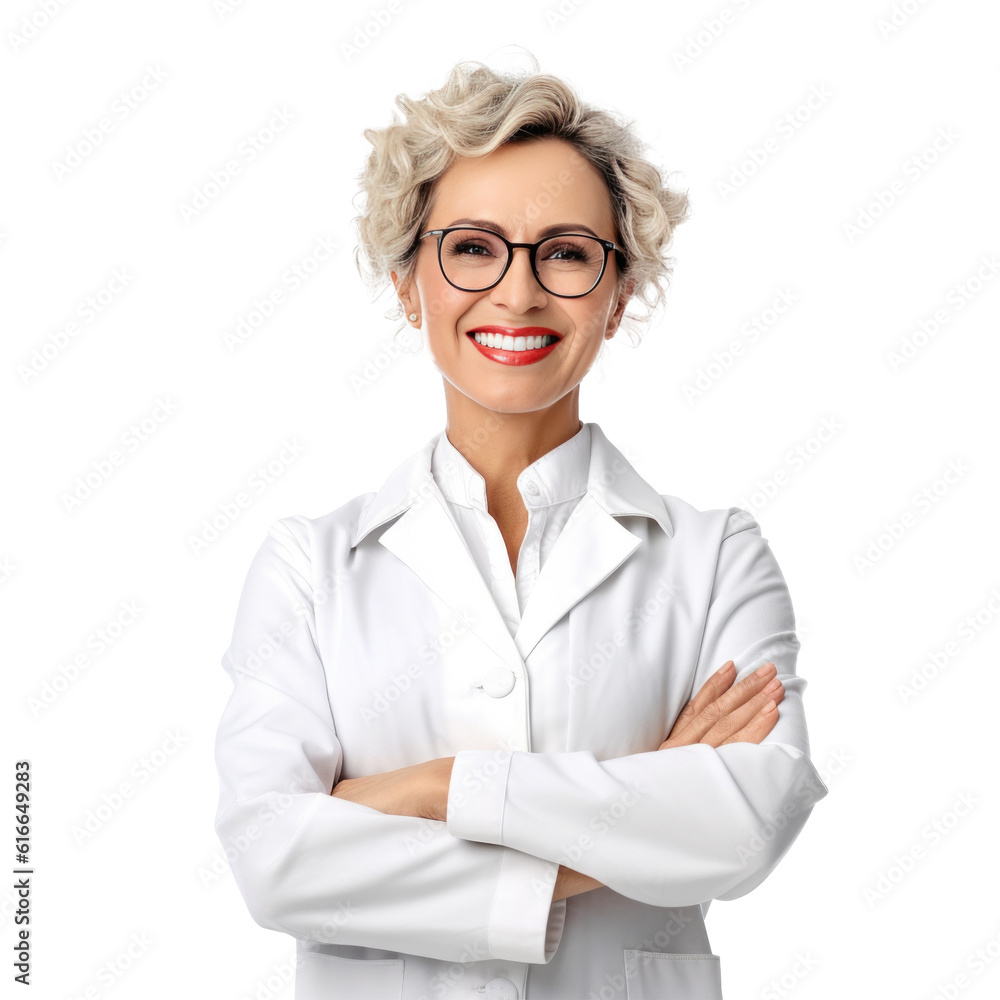 Photo of attractive doctor lady friendly smiling arms crossed. Illustration AI Generative.