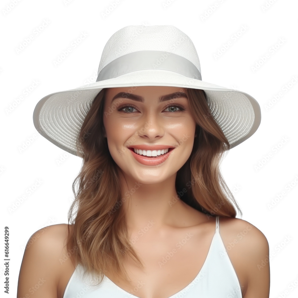 Beautiful girl with sunglasses and summer hat smiling isolated. Illustration AI Generative.