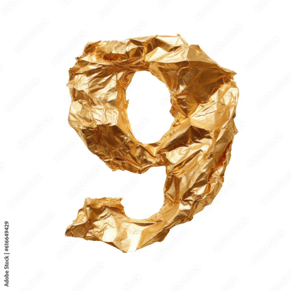 Сrumpled gold foil number 9 isolated. Illustration AI Generative.