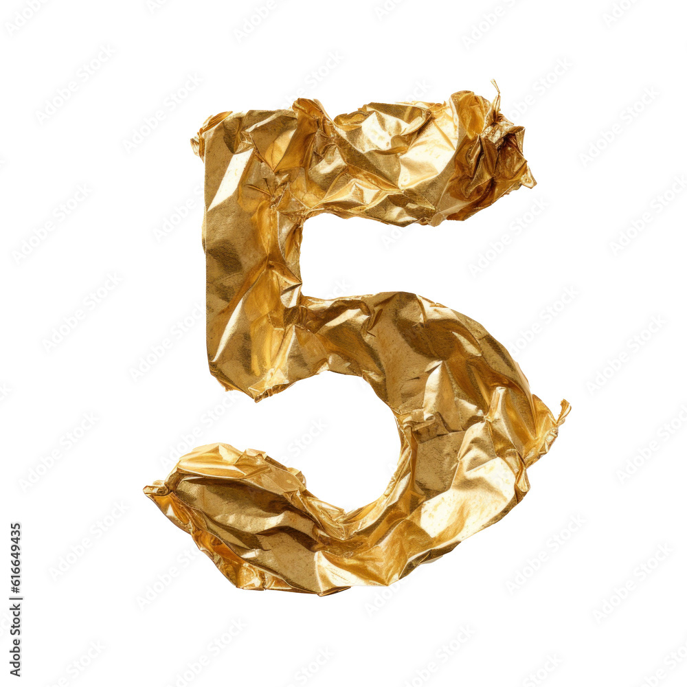 Сrumpled gold foil number 5 isolated. Illustration AI Generative.