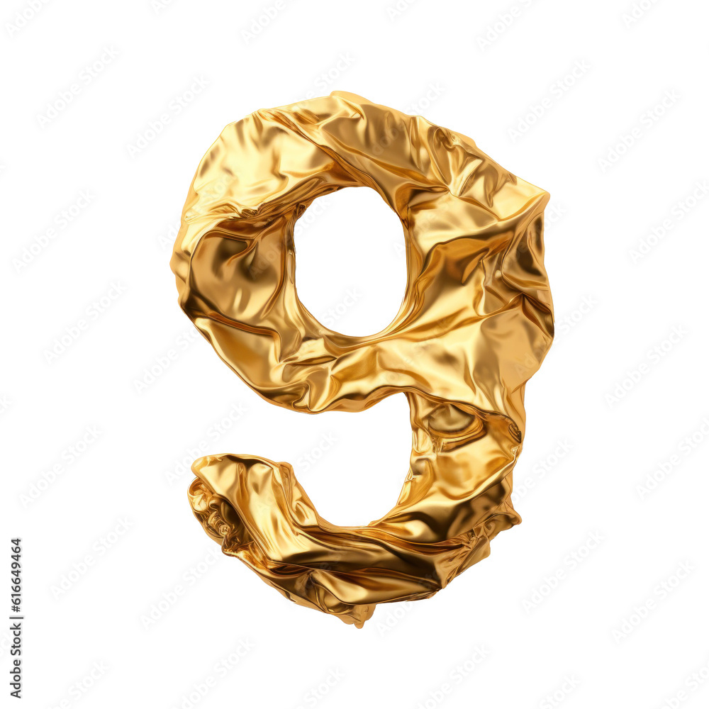 Сrumpled gold foil number 9 isolated. Illustration AI Generative.