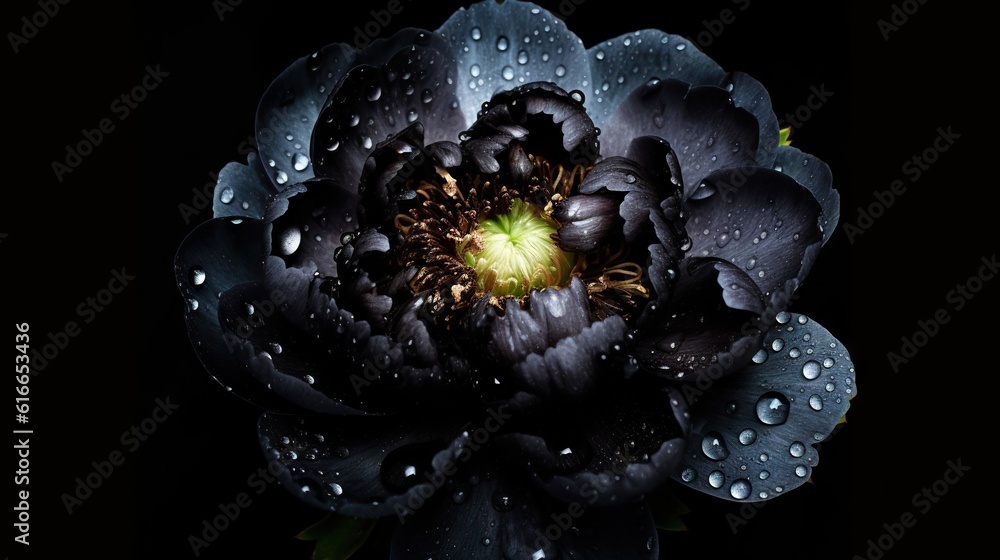 Black Peony flowers with water drops background. Closeup of blossom with glistening droplets. Genera