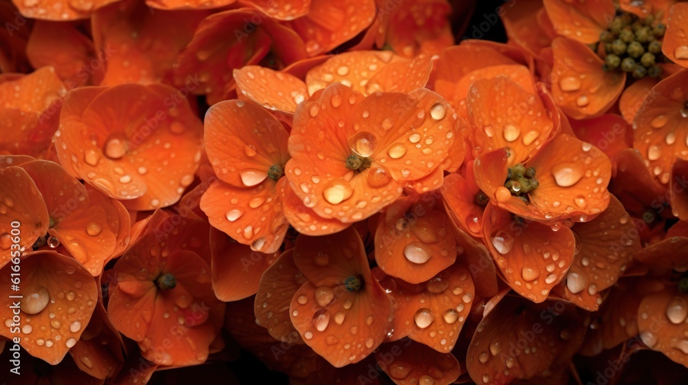 Orange Hydrangeas flowers with water drops background. Closeup of blossom with glistening droplets. 