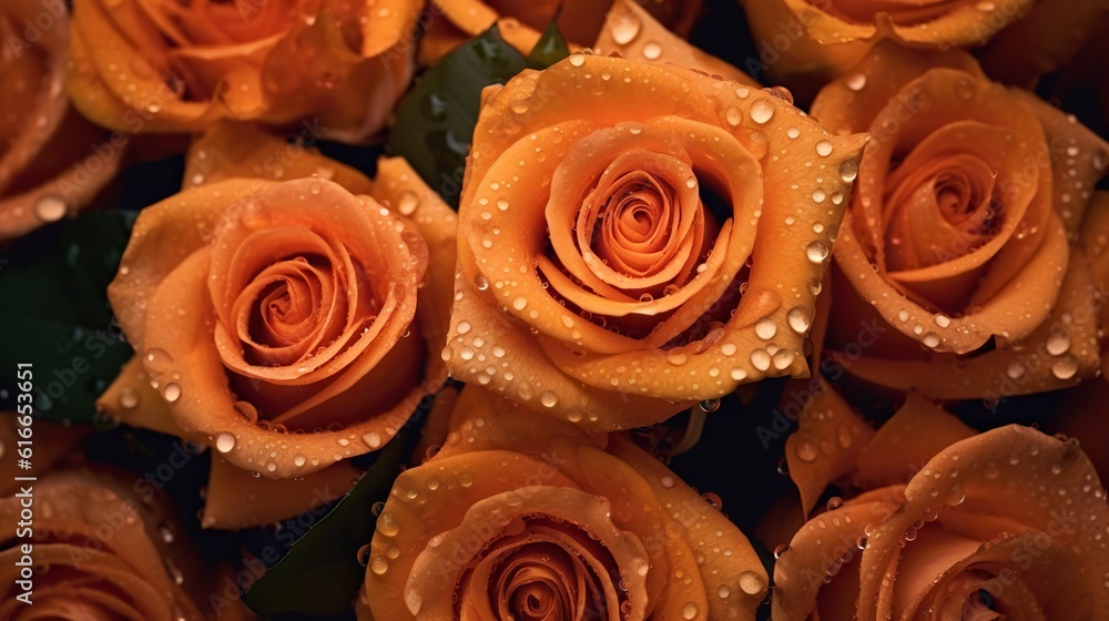 Orange Roses flowers with water drops background. Closeup of blossom with glistening droplets. Gener