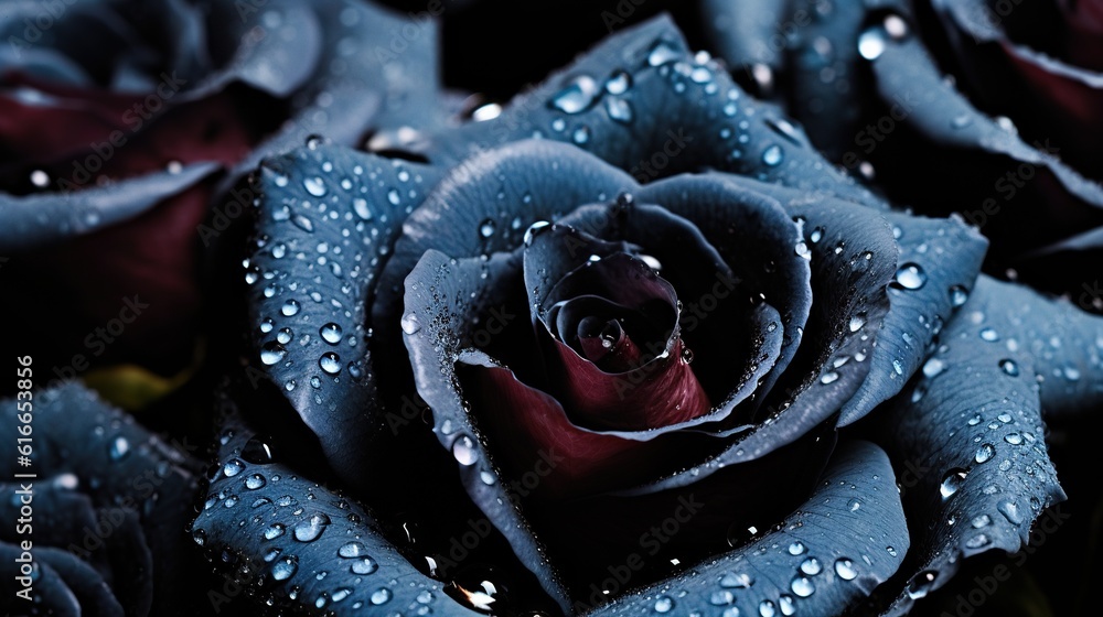 Black Roses flowers with water drops background. Closeup of blossom with glistening droplets. Genera