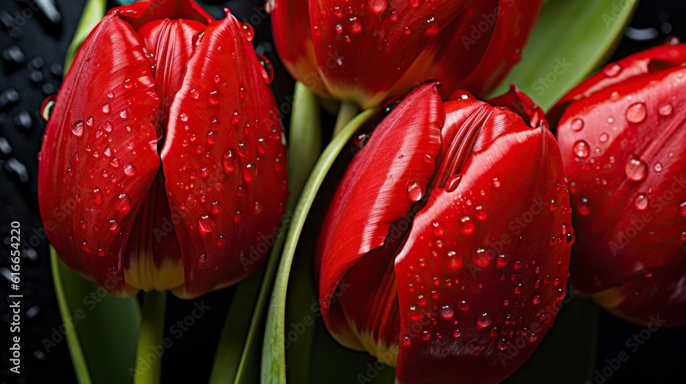 Red Tulips flowers with water drops background. Closeup of blossom with glistening droplets. Generat