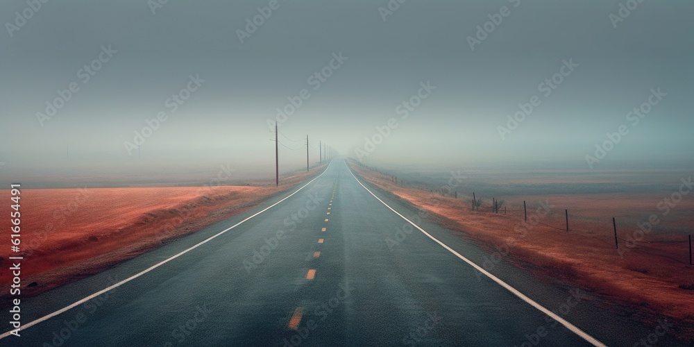 Misty empty road in lowlands. Foggy highway. Mystery travel concept. Generative AI