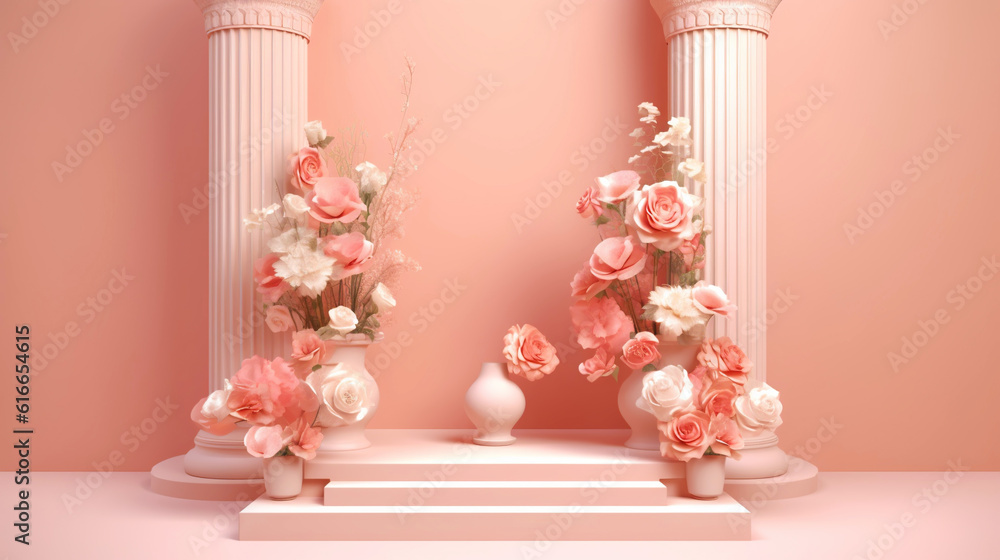 Podium with pink roses on pastel pink background to display products, gift or cosmetics. Generative 