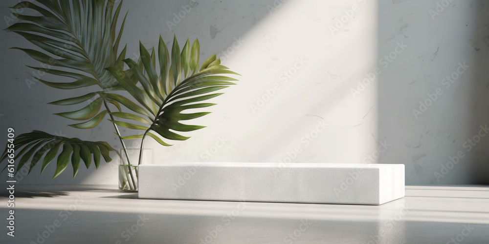 White product display podium with nature palm leaves. Generative AI