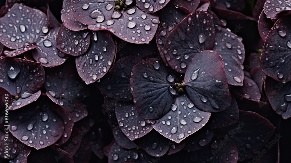 Black Hydrangeas flowers with water drops background. Closeup of blossom with glistening droplets. G