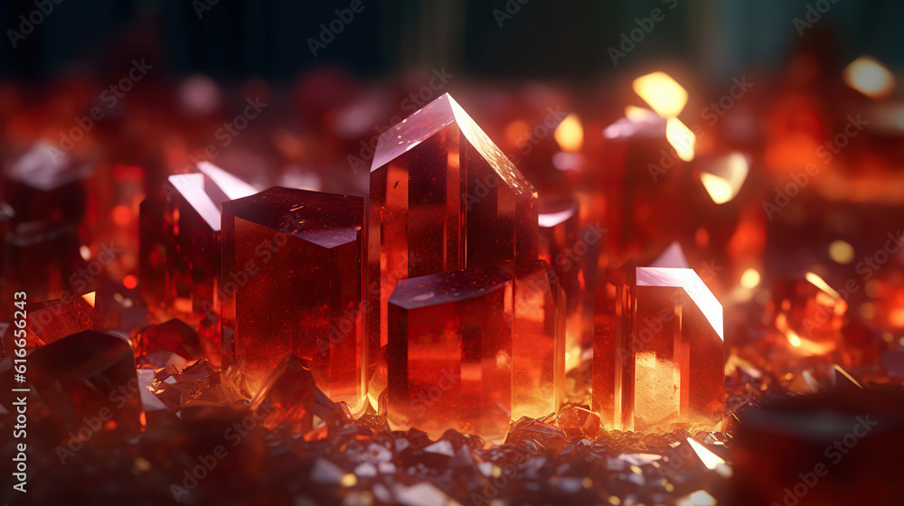 Amazing bright and shiny Realgar crystal cluster background. Jewel mineral detailed macro. Generativ