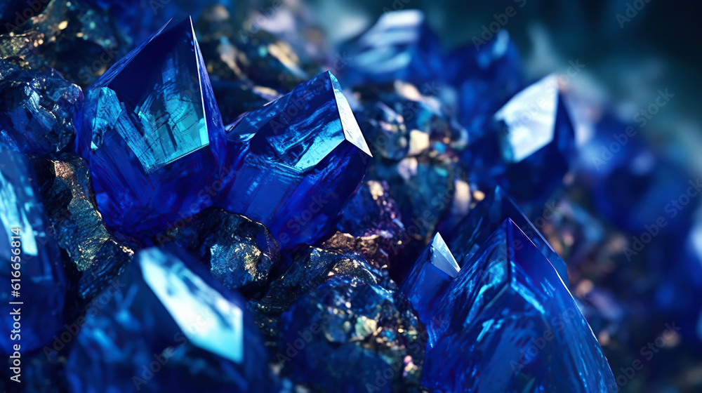 Amazing bright and shiny Azurite crystal cluster background. Jewel mineral detailed macro. Generativ