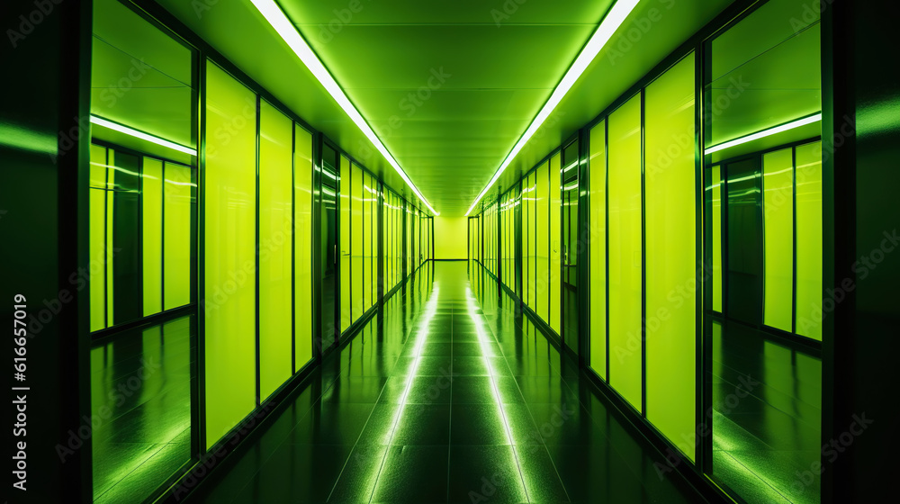 Green abstract futuristic tunnel with neon lines. Generative AI