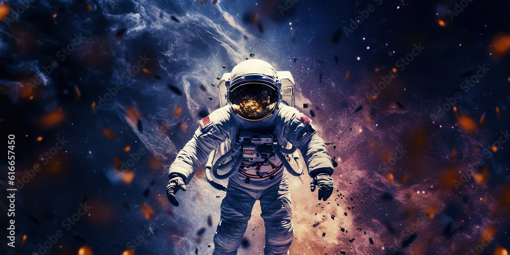 Portrait of astronaut floating in space with a asteroids, space rocks, burning sparks on backdrop. G